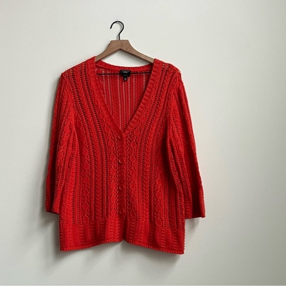 Talbots Open Stitch V-Neck Button Down Pima Cotton Cable Knit Cardigan pointelle - Picture 4 of 11